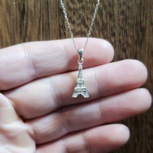 18 Inch 925 Sterling Silver Rustic Cubic Zirconia Eiffel Tower Pendant Necklace
